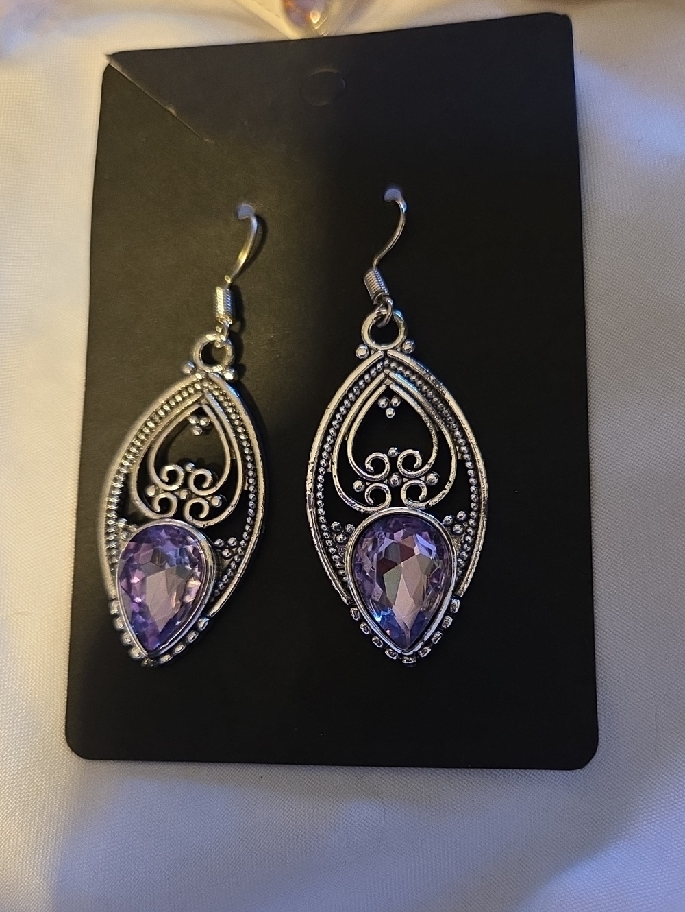 Silver Filigree Teardrop Earrings with Amethyst Teardrop Stones